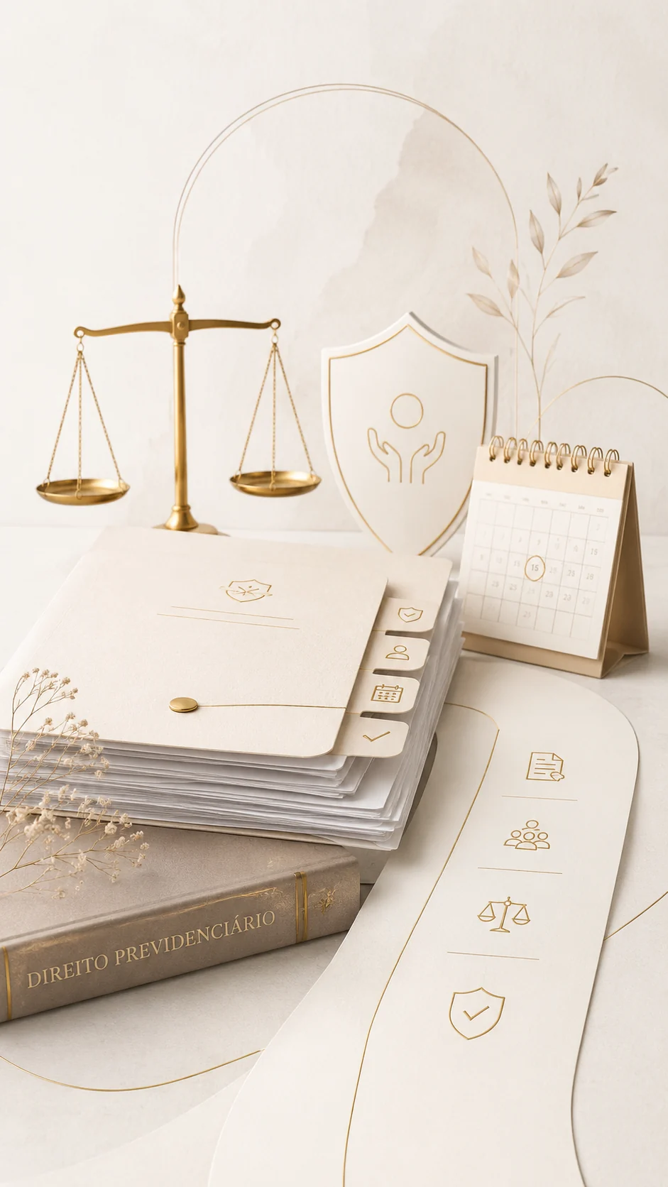 Composição com balança da justiça, livro de Direito Previdenciário e elementos dourados